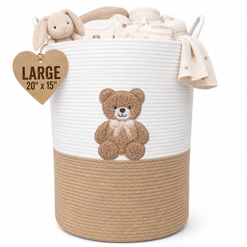 Teddy Bear Baby Laundry Basket, Tall Woven Rope Nursery Hamper, 20x15 in - color: Neutral Teddy