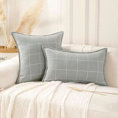 Pure Linen Plaid Throw Pillow Covers 18x18, Set of 2, Silver Gray - color: Silver Gray, size: 18x18inch