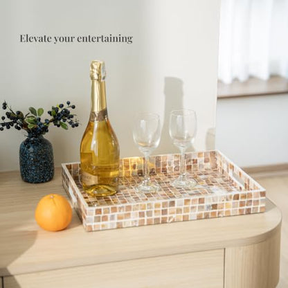 PEMAR Mother of Pearl Tray 15.7x11.8 Rectangle Handcrafted Serving Tray - color: Artisan Brown Mosaic