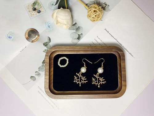 Wooden Jewelry Tray Small Trinket Dish with Velvet Surface Rings Earrings Dish Necklaces Bracelet Organizer Display Tray for Dresser Drawer Tabletop Birthday Gift(Rectangle) - size: Rectangle-Walnut