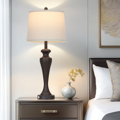 CINSARY 30 Inch Tall Brown Table Lamp Single, Touch Control Living Room Lamp with USB A+C Ports and AC Outlet, 3-Way Dimmable Bedside Lamps for Nightstand, Modern Metal Bedroom Lamps for End Table - color: Brown (1 Pack)