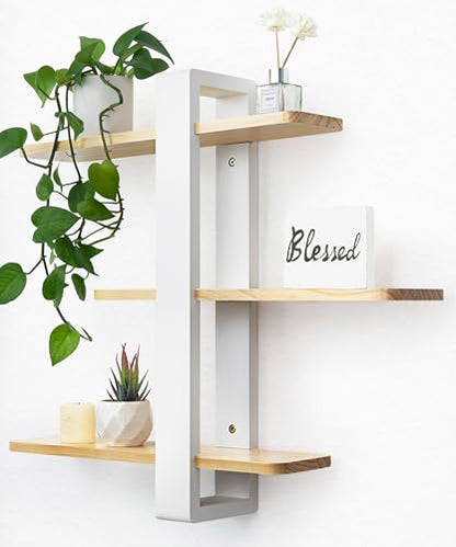 SUMGAR Floating Shelves for Wall, 3 Tier White Wood Adjustable Shelf Unit - color: White&wooden, size: 3 Tier 19.6in