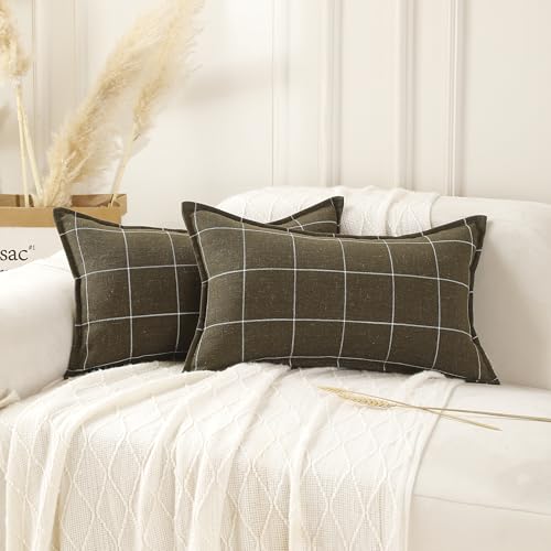 Pure Linen Plaid Throw Pillow Covers 12x20, Set of 2, Khaki - color: Khaki, size: 12x20inch