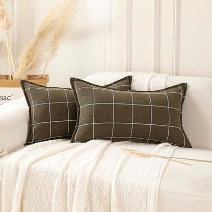 Pure Linen Plaid Throw Pillow Covers 12x20, Set of 2, Khaki - color: Khaki, size: 12x20inch