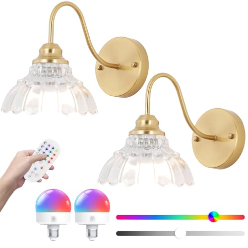 Vintage Battery Operated Wall Sconce,Wireless Wall Sconces Set of 2 with Remote,Rechargeable Wall Sconces Set of Two,Gold Decor Wall Lamp Fixtures Dimmable for Bedroom Living Room Bathroom Hallway - color: Clear