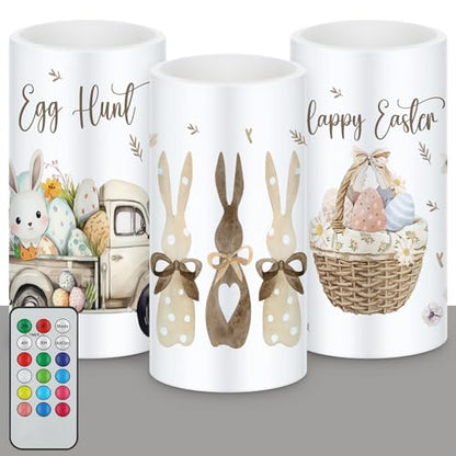 Retisee 3 Pcs Farmhouse Easter Flameless LED Candles Battery Operated Bunny Spring Flickering Pillar Candles with Remote Rabbit Happy Easter Centerpiece for Bedroom Living Room Dinner Table Decoration - style: Rabbit