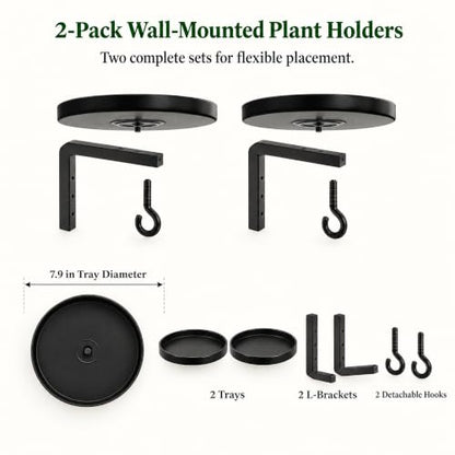 Wall Plant Holder Set of 2, Dual-Way Reversible Bracket for Extra Growth Space, Detachable Hooks, Metal Floating Flower Display Stand for Indoor Outdoor, Space Saving & Easy Assemble, Black - size: 2 Pack - 2-Way Wall Mount
