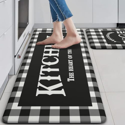MAYHMYO Black White Checkered Kitchen Mats for Floor,Anti Fatigue Cushioned - color: Motto