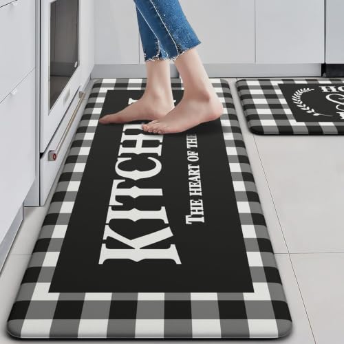 MAYHMYO Black White Checkered Kitchen Mats for Floor,Anti Fatigue Cushioned - color: Motto