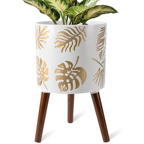 12 Inch Planter, Plant with Stand, Large Planters for Indoor Plants,Flower Pot with Drainage Holes for Outdoor,White and Gold - color: Gold White, size: 12 Inch