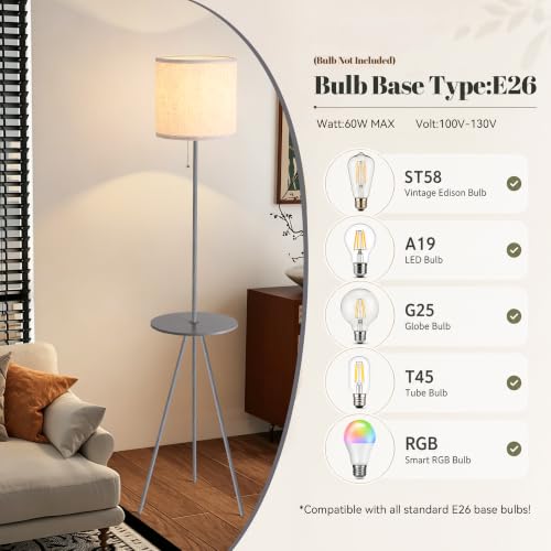 Floor Lamp with Side Table, Linen Shade, Standing Lamp for Living Room - color: Dark Grey