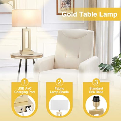 Gold Table Lamps Set of 2, 16.4" Bedside Lamps for Nightstand with USB C+A - color: A. White&Gold, size: Medium(16.4in)