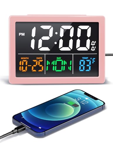 JALL Digital Clock with Date Day for Seniors, Electric Alarm Clocks for Bedrooms with Temperature, 2 Alarms, Dimmer, Dual USB Charger, Battery Backup, Volume Control, Snooze, Bedside Desk Clock, Pink - color: Pink