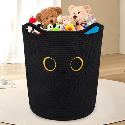 Tall Black Cat Laundry Basket for Nursery, Cute Large Woven Cotton Rope - color: Black, size: 15 × 18 inches