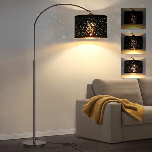 Dimmable Floor Lamp, Arc Floor Lamp with Adjustable Star Shade, Black - color: Black Base with Stars Shade