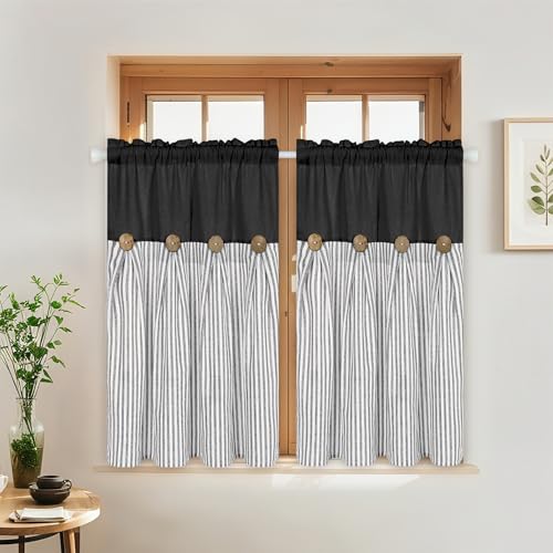 ASPMIZ Farmhouse Kitchen Curtains 24 Inch Length, Black Stripe, 2 Panels - color: Black&grey, size: 26"W x 36"L (Pack of 2)