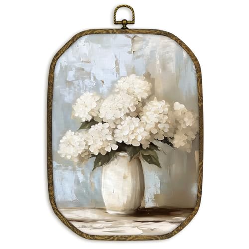 nvucamd Vintage White Hydrangea Floral Wall Art Decor Framed, Hydrangea Flower Octagon Canvas Prints Wall Art, Rustic Aesthetic Flower Hanging Decor for Home Bathroom Living Room Gallery, 10.2x7 Inch - color: white floral, size: 10.2"L x 7"W