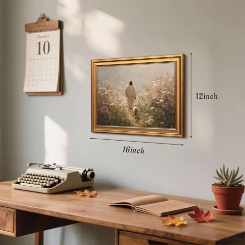Gold Framed Jesus Wall Art Jesus Leaves The 99 Sheep Pictures 12x16 Inch - color: Jesus, size: 16"L x 12"W
