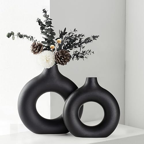 CEMABT Vases for Pampas Grass,Creative Vase Modern Home Decor,Handmade Vase Black Ceramic Dried Flowers Crafts Ornaments for Office Home Deco Decoration - color: Black, size: Medium and Small (2-Piece)