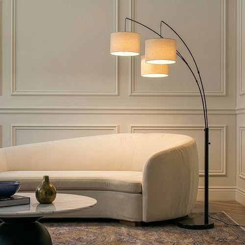 Brightech Trilage Arc Floor Lamp - Large Standing Lamp with 3 Fabric Shades & LED Bulbs for Living Room Over the Sofa, Reading, Multi-Head Traditional Tree Floor Lamp for Bedroom - Black - color: Black