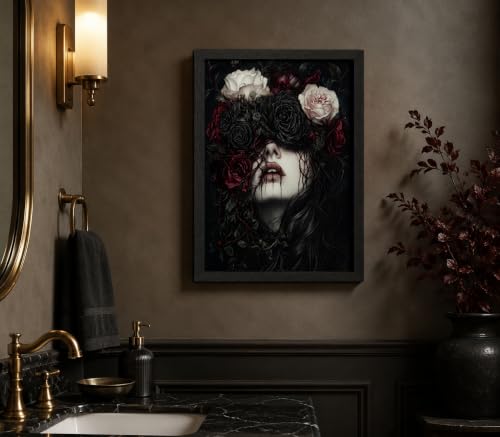Framed Halloween Horror Gothic Flower Wall Art,Dark Moody Rose Painting Picture Wall Decor,Dark Academia Rose and Portrait Poster Print Artwork,for Halloween Decor Bedroom Bathroom Home Decoration - color: Veil of Roses, size: 10"L x 8"W