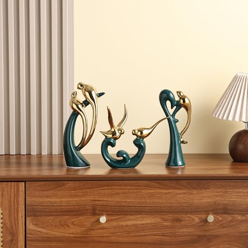 Ceramic Statues Set of 3, Birds and Base Sculpture Modern Home Decor - color: Green and Gold
