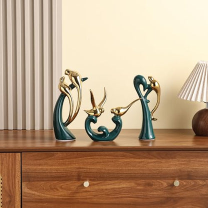 Ceramic Statues Set of 3, Birds and Base Sculpture Modern Home Decor - color: Green and Gold