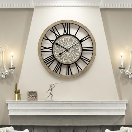 Large Farmhouse Wall Clock for Living Room Decor,24 in Round Carved Wooden Wall Clock,Rustic Silent Non-Ticking Decorative Wall Clocks for Bedroom/Kitchen/Entryway/Office/Dining Room - style: Farmhouse clock 2
