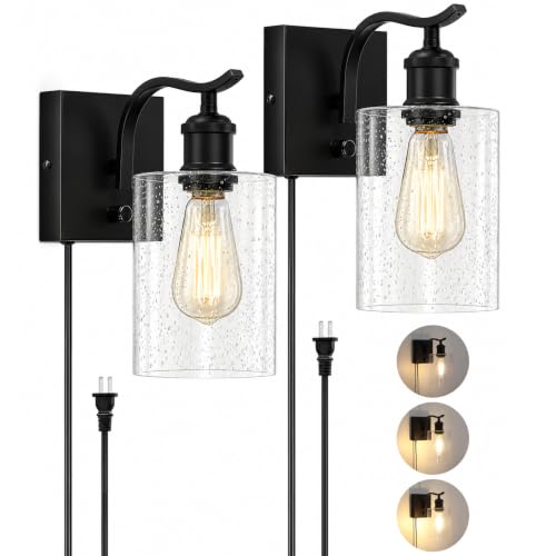 Set of 2 Plug in Black Seeded Glass Wall Sconces, Dimmable Farmhouse Bathroom Wall Mount Light, Vanity Lighting Fixtures,Indoor Metal Wall Lamp for Living Room Bedroom Kitchen Hallway