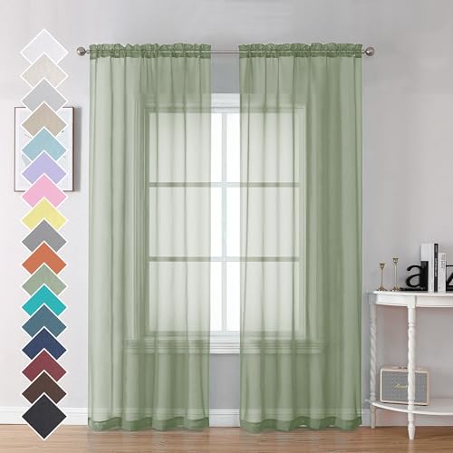 OVZME Bedroom Curtains 2 Panel Sets 84" Inch Length - Transparent Light Weight Soft Window Treatment Panels for Study Room/Living Room/Guest Room, Sage Green, Per Panel W42 X L84 inches - color: Sage Green, size: 42"W x 84"L (Pack of 2)