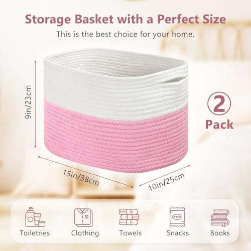 ECDYQXVU 15x10x9 Inch Woven Cotton Rope Storage Basket, 2 Pack - color: White/ Pink, size: 2 Pack