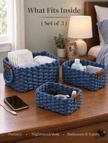 Small Wicker Baskets, 3 PCS Paper Rope Baskets for Shelves, Blue - color: Blue