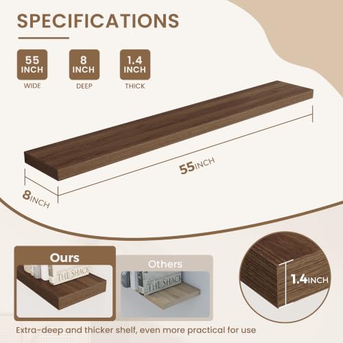 Dreamland 55 Inches Wall Mounted Wood Floating Shelves, Walnut, 2 Pack - color: Walnut, size: 55in