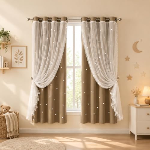 Coffee Kids Star Cutout Curtains for Bedroom 52" W x 63" L 2 Panels - color: Coffee, size: 52"W x 63"L (Pack of 2)