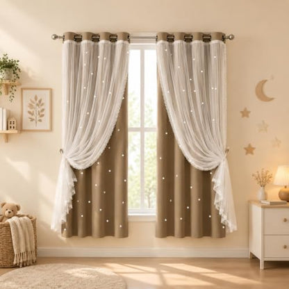 Coffee Kids Star Cutout Curtains for Bedroom 52" W x 63" L 2 Panels - color: Coffee, size: 52"W x 63"L (Pack of 2)