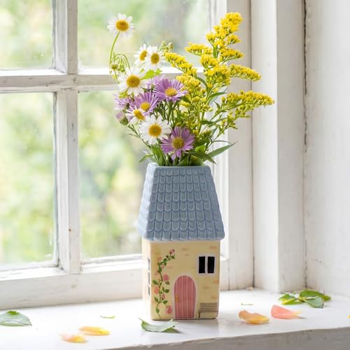 Remerry Mini Ceramic House Shape Vase Decorative Small Bud Vases, Blue - color: Blue