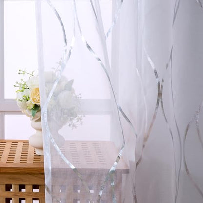 L.Z.E White and Silver Curtains for Living Room, See Through White Sheer Curtains 84 Inches Long 2 Panels Set, Grommet Transparent Window Drapes with Elegant Wave Patterns - color: (Grommet) Silver Waves, size: 54"W x 84"L (Pack of 2)
