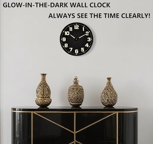 Glow in the Dark Wall Clock Non Ticking, 10 inch Silent Wall Clocks Battery Operated, Large Number Tempered Glass, Round Night Light Analog Clock for Bedroom Living Room Kitchen Office, Black - color: Black Green, size: 10 Inch