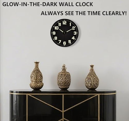 Glow in the Dark Wall Clock Non Ticking, 10 inch Silent Wall Clocks Battery Operated, Large Number Tempered Glass, Round Night Light Analog Clock for Bedroom Living Room Kitchen Office, Black - color: Black Green, size: 10 Inch