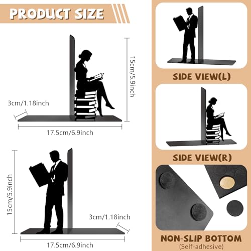 Metal Bookends Lovers Reading Book Ends for Shelves - color: Black - 1 Pair Couple Reading Book