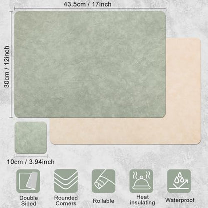 Vinyl Placemats Set of 6, Dual Sided Place Mats with Drink Coasters - color: Beige/Sage Green Two-tone, size: Set of 6