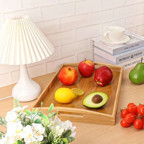 2 PCS Bamboo Serving Tray, Breakfast Bed Tray with Handle, 15.8 x 11.4 x 2 Inch Wood Serving Tray for Serving, Breakfast Bed Trays for Eating, Decor, Displaying Cake, Fruit - size: 2 PCS - 15.8 x 11.4 x 2 Inch