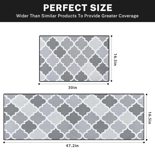Kitchen Rugs Set of 2 Non Slip WashableGeometric Moroccan - color: Gray Quatrefoil