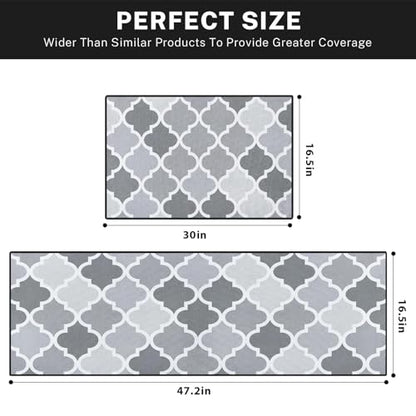 Kitchen Rugs Set of 2 Non Slip WashableGeometric Moroccan - color: Gray Quatrefoil