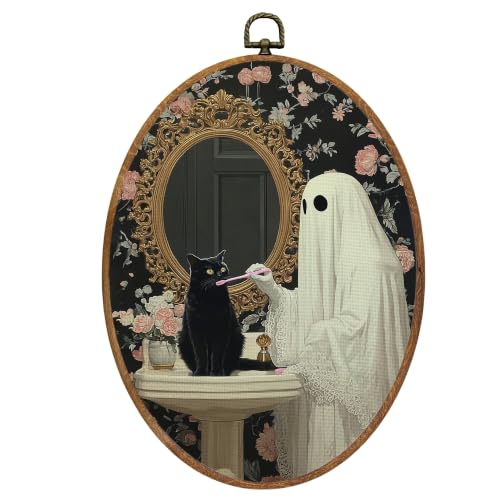 Mcehtle Ghost Black Cat Halloween Bathroom Wall Art Decor Framed 8.6x11.4 - color: Colour 30
