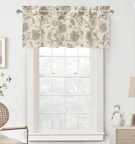 DriftAway Freda Jacobean Floral Linen Blend Blackout Thermal Insulated Energy Saving Privacy Window Linen Curtain Valance Rod Pocket 2 Layers Single 52 Inch by 18 Inch Plus 2 Inch Header Taupe - color: Taupe, size: 52"W x 18"L (Pack of 1)
