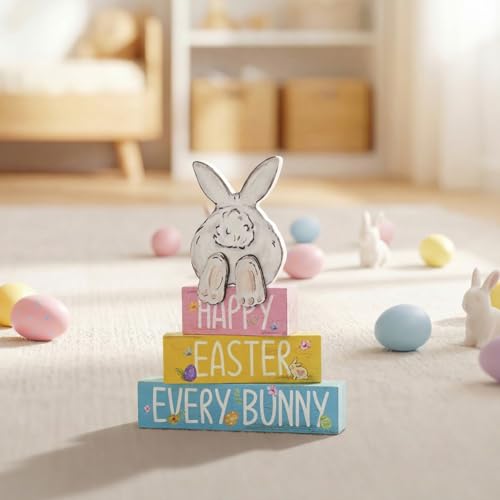 Smile Happy Easter Every Bunny Wooden Block Stack Decor, 3-Tiered Pastel Blocks with Bunny Silhouette for Spring & Easter Tabletop Display