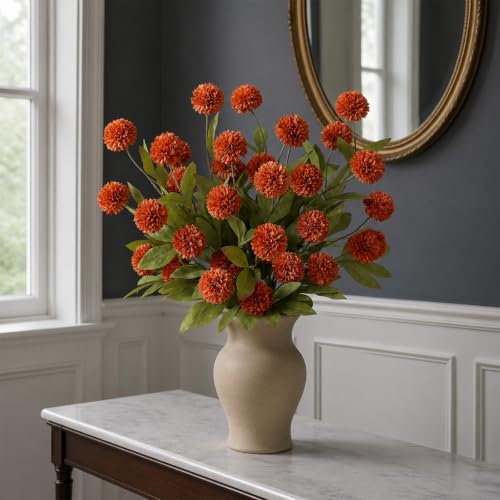 VIERENA 6 Pcs 27" Artificial Fall Pompon Mum Flower Stems for Vase (Orange) - color: Orange