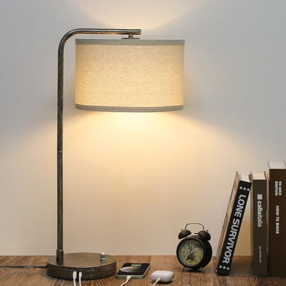 25" Tall Bedside Table Lamp with USB C+A Ports, Fully Dimmable Desk Lamp - color: Black with Brushed Gold