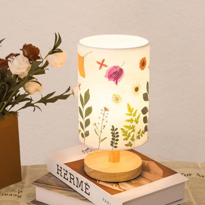 Pressed Flowers Table Lamp 5W LED 3Color Temperatures Dried Flower Bedside Lamp Linen Shade with Wood Base for Bedroom Living Room Desk Office - color: Leaf-3-Color